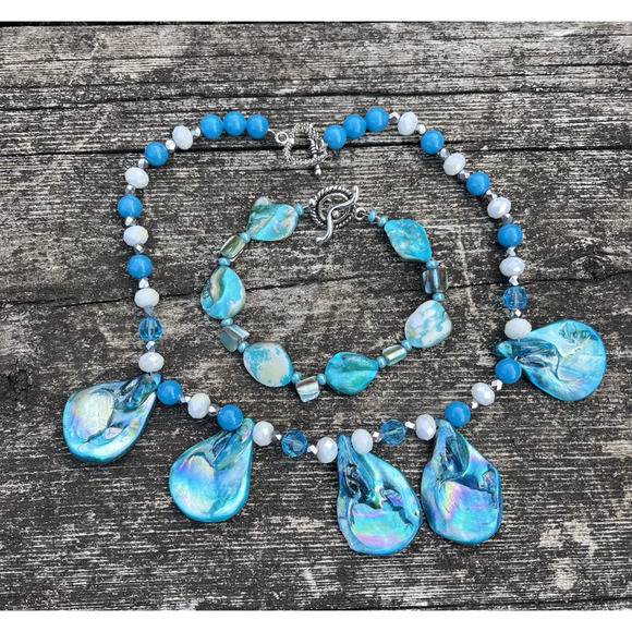Strand Jewelry - Dyed Blue Shell Necklace Bracelet Set Beaded Costume Jewelry Toggle Clasp Boho